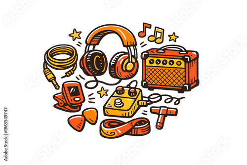 Different music equipment including headphones, guitar pedals, and an amplifier arranged on a plain background