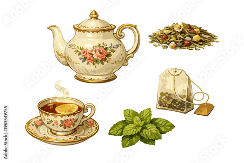 Steam rises from a cup of tea with lemon next to a teapot, herbs, and a tea bag on a plain background during a cozy afternoon