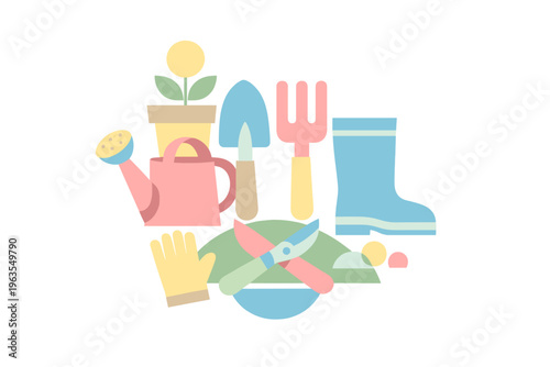 Garden tools and plants arranged in a colorful design for spring gardening activities and outdoor projects