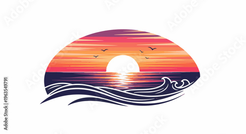 Pixel art sunset over ocean with birds and waves