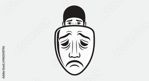 Person peeking from behind a sad theatrical mask