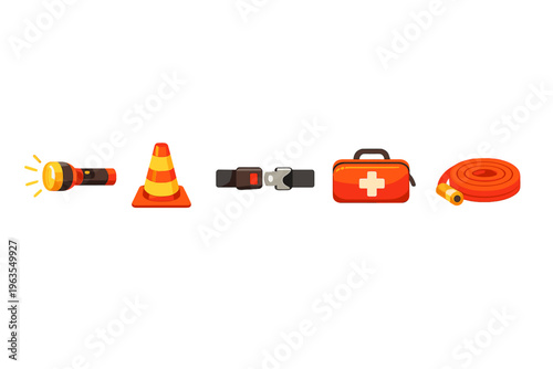 Various safety tools for emergency situations including a flashlight, traffic cone, seatbelt, first aid kit, and hose