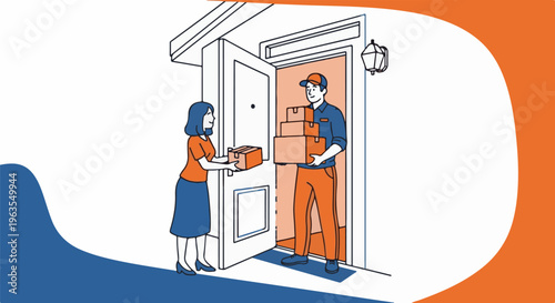 Person receives packages from delivery person at doorway