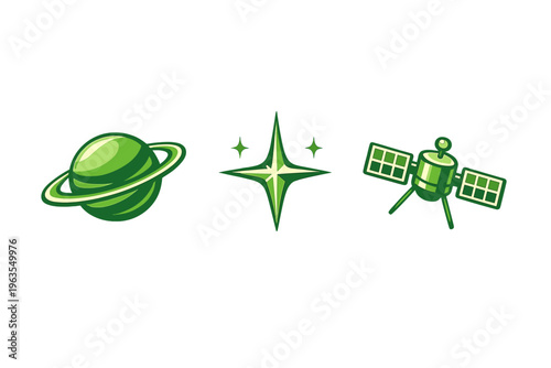 Green planet, star, and satellite design in simple style for space theme decorations and illustrations