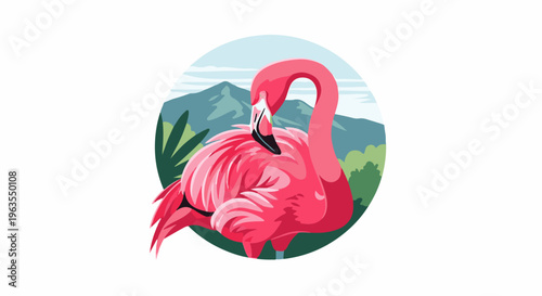 Pink flamingo preening in front of a mountain landscape