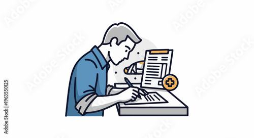 Person signing documents at a desk with medical icon