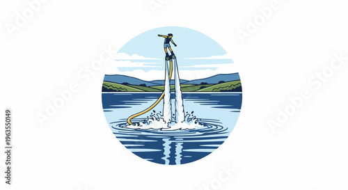 Person soaring above lake on water jet device with mountainous backdrop