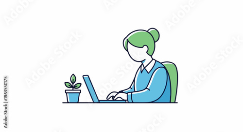Person typing on a laptop next to a small potted plant