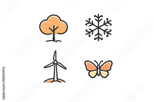 Nature symbols show tree, snowflake, wind turbine, and butterfly on a plain background during daytime