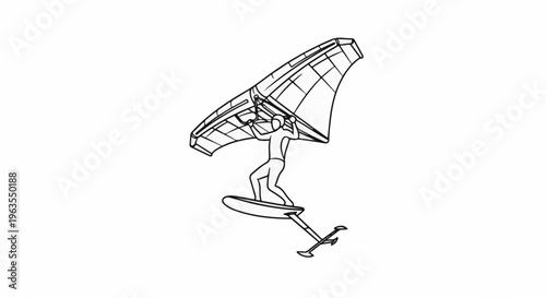 Person using a wing foil board to glide above the water, line art