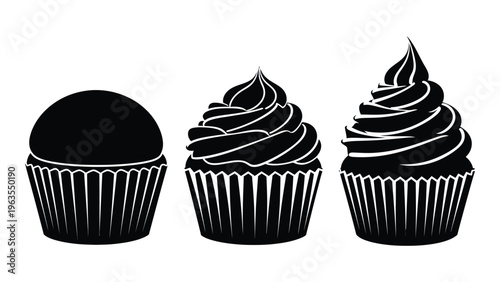 Three chocolate cupcakes with different frosting styles