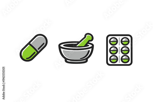 Pills, mortar and pestle, and tablet pack in a simple arrangement on a white background