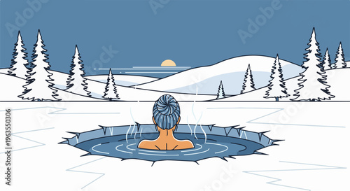 Person bathing in a hot spring in a snowy landscape during sunset