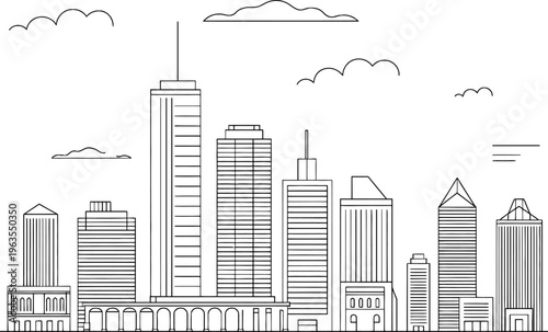 Contemporary global financial district skyline in minimal line art for corporate branding, real estate marketing, and urban architectural editorial use