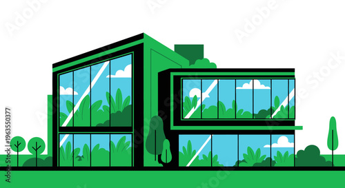 Contemporary green building with expansive glass windows and lush surrounding foliage, representing sustainable architecture, on a bright background.