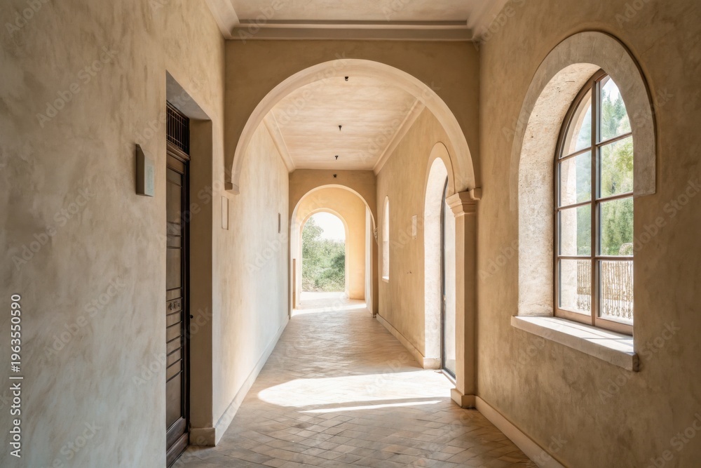 Obraz premium Minimal hallway interior with arches and natural sunlight