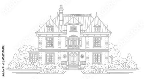 Detailed Traditional House Architectural Blueprint Line Art isolated white background