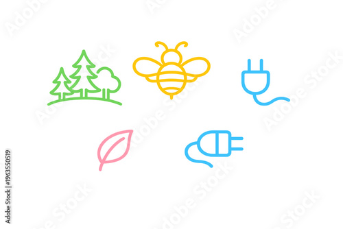 Colorful line drawings show themes of nature, insects, and technology in a simple design on a white background