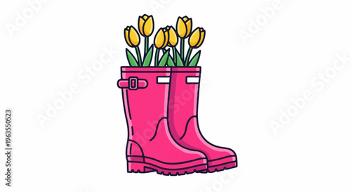 Pink rain boots filled with bright yellow tulips and green leaves