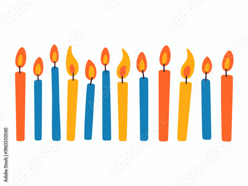 Row of lit birthday candles in orange blue and yellow against a white background
