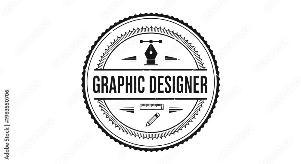 Obraz premium Graphic Designer Professional Badge Logo with Pen Tool and Ruler Icons, Creative Occupation Concept on isolated white background.