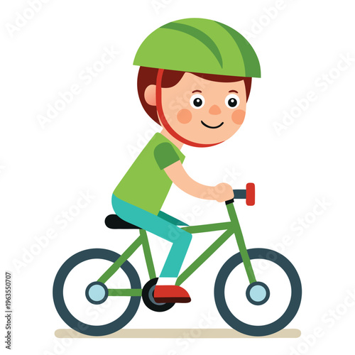 Boy Riding Bicycle with Green Helmet Vector Illustration Cartoon Clipart Line Art Design