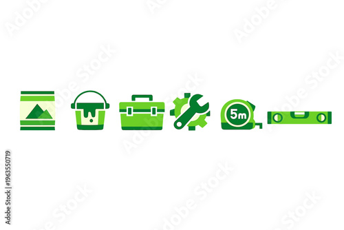 Different tools and supplies for home repair and improvement projects are shown in simple green icons on a white background