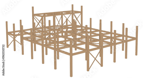 Wooden Construction Framework of a Building Under Development, Foundation Structure on isolated white background.