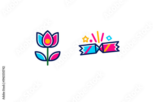 Colorful floral and festive elements featuring a flower design and a party popper symbol on a plain background