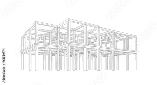 Isometric Line Drawing of Building Framework Under Construction on Isolated White Background
