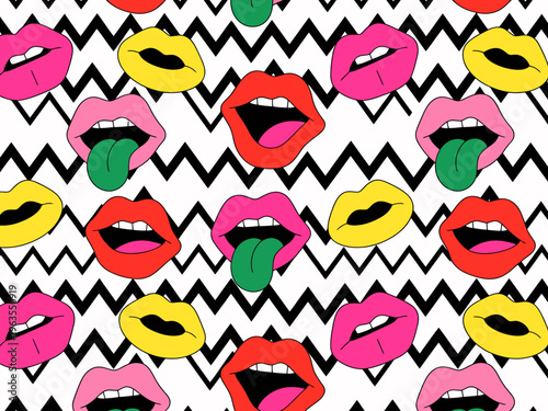 Vibrant Pop Lips With Tongues Sticking Out Against Black Zigzag Pattern mouth