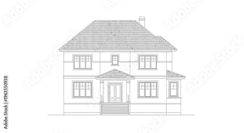 Classic Residential House Exterior Line Drawing with a Traditional Gable Roof on an Isolated White Background