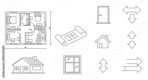 Set of Architectural Planning Icons Including Floor Plan, House, Door, Window, and Arrows on an Isolated White Background