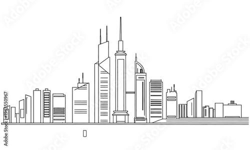 Contemporary global financial district skyline in minimal line art for corporate branding, real estate marketing, and urban architectural editorial use