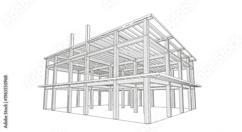 3D Wireframe Structure of a House Under Construction, Architectural Framework Blueprint on an Isolated White Background