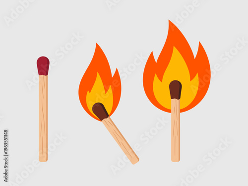 Wooden matches unlit burning with bright orange and yellow flames fire light