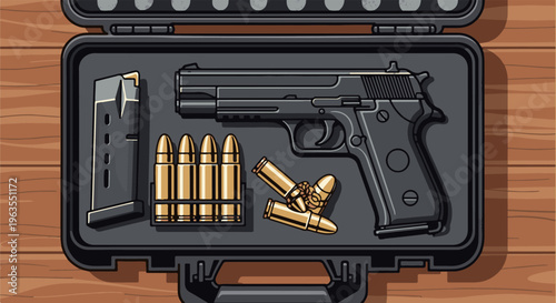 Pistol and ammunition in a black case on a wooden surface