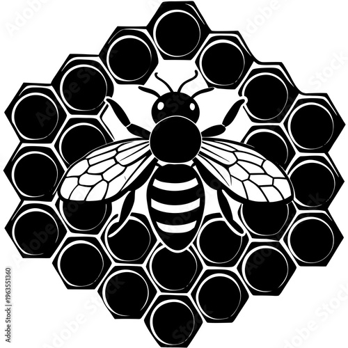 Bee and honey illustration with bees around honeycomb in a natural sweet hive design