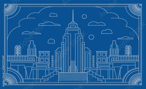 Art deco city skyline illustration in framed line art style for vintage poster design, retro architectural branding, and urban themed print projects