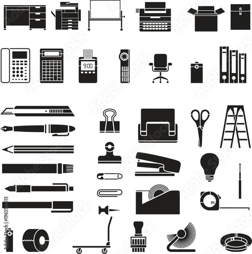 Office stationery and equipment silhouette icons set - Office supplies vector illustration.