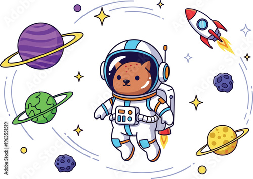 Cute Dog Astronaut Vector Illustration Floating in Space with Planets, Stars, Rocket, and Asteroids for Kids, Science, Education, and Space Designs