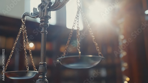 Ornate Scales of Justice symbolizing legal and ethical balance within a sunlit library setting, representing fair judgment and truth.