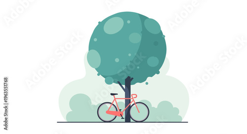 Bicycle leaning against a tree trunk.