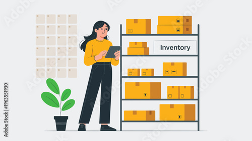 Inventory management concept illustration with woman checking stock on shelves, warehouse organization, logistics tracking and supply control system