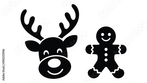 Black and white christmas icons of reindeer and gingerbread man