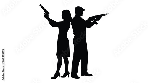 Silhouette of a man and woman with guns