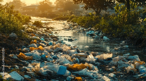 Plastic Waste Accumulating Along Riverbanks Near Shorelines After Heavy Rains Illuminated by Harsh Sunlight