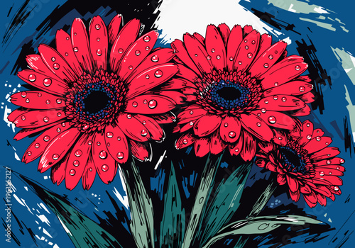 Close-up view of blooming red Gerbera daisies glistening with water droplets, set against a dark, textured background with dappled light and shadows icon

