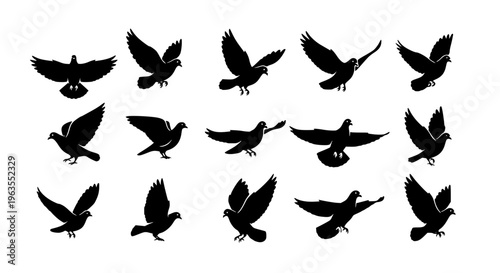 Minimal Flying Pigeon Silhouette Icon Set Vector Illustration