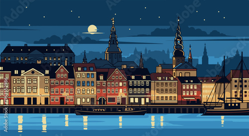Pixel art cityscape at night with boats and moon